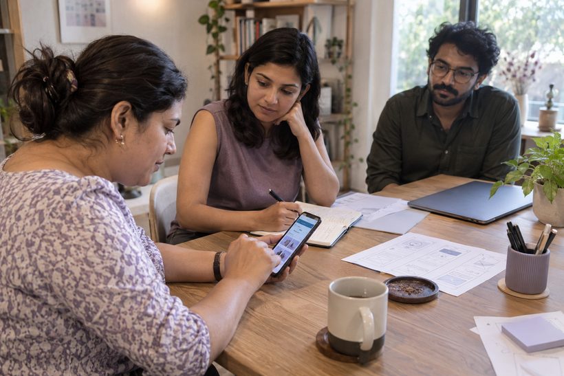 People reviewing a product on a phone, with design wireframes on the table