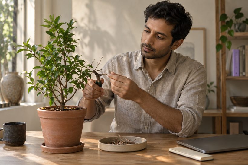 A person carefully pruning a small bonsai tree