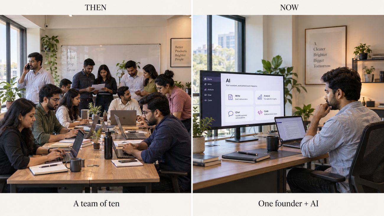 Then: a team of ten around a table. Now: one founder working with an AI assistant.